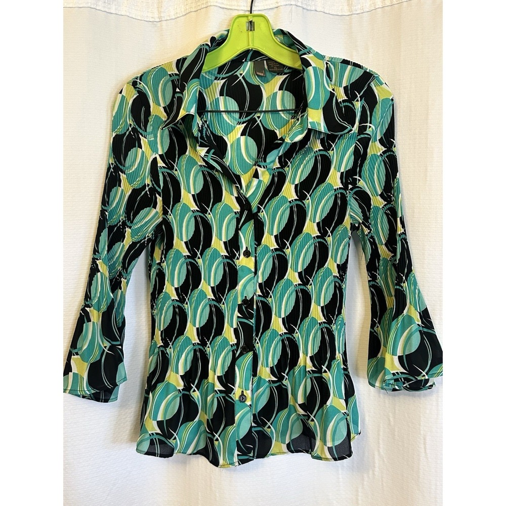 VTG Y2K Green Geometric Print Pleated Bell Sleeve Blouse Womens XL Groovy Disco